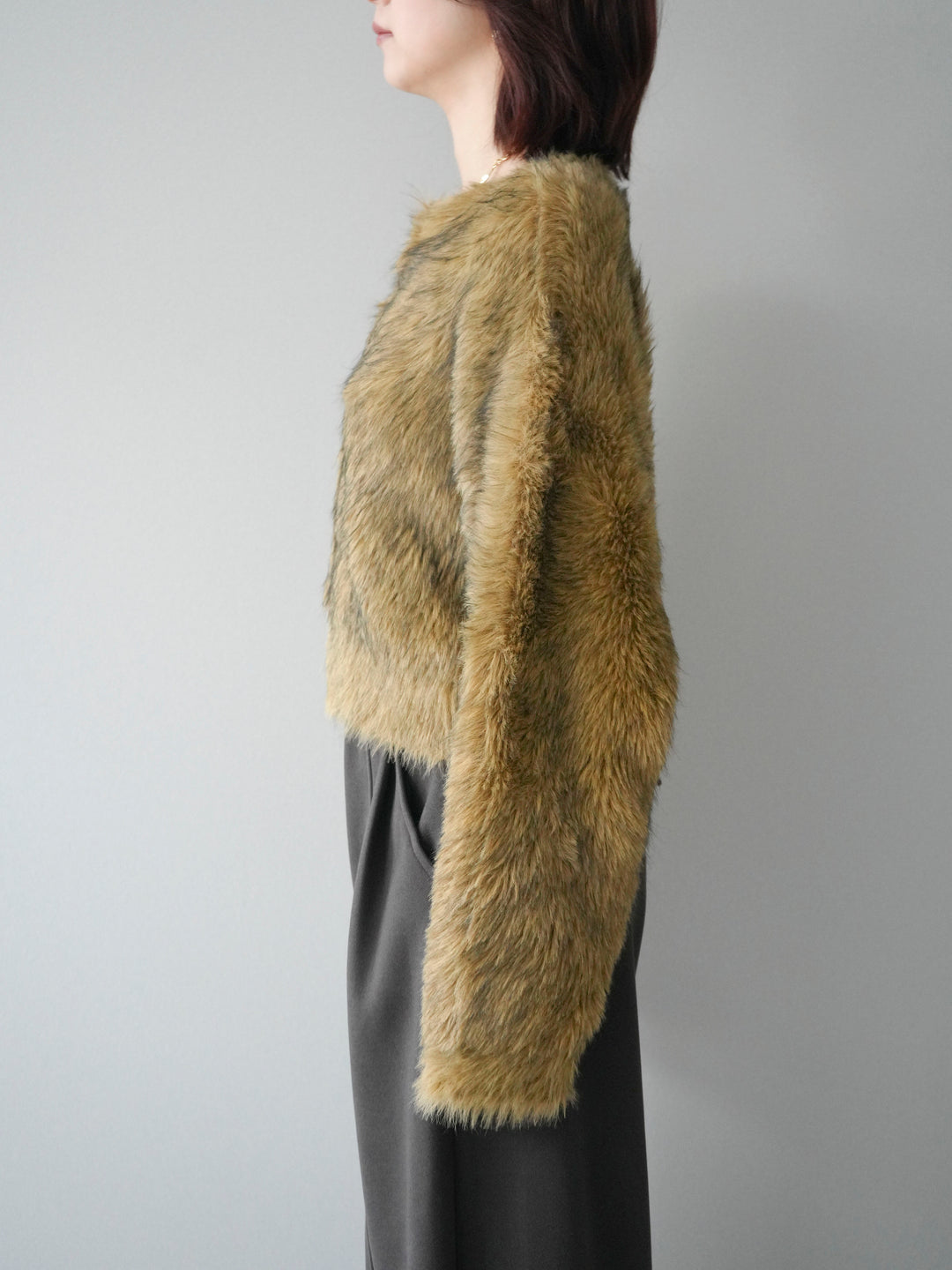 [予約]ミックスシャギーショートニットカーディガン/green