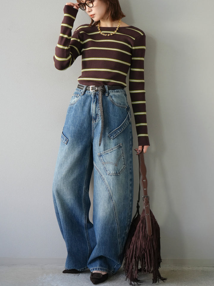 【SET】後開條紋毛圈羅紋上衣+畫家曲線牛仔褲（2件組）