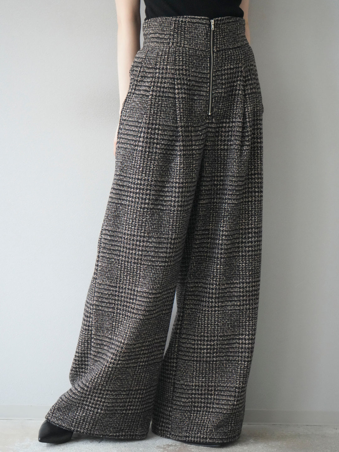 [予約]フロントジップミックスツイードワイドパンツ/brown