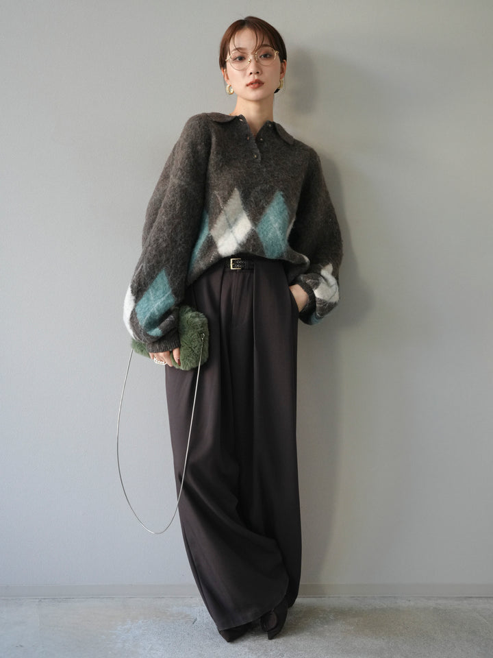 [SET]アーガイル柄ルーズポロニットプルオーバー+ベルトループデザインワイドパンツ(2set)