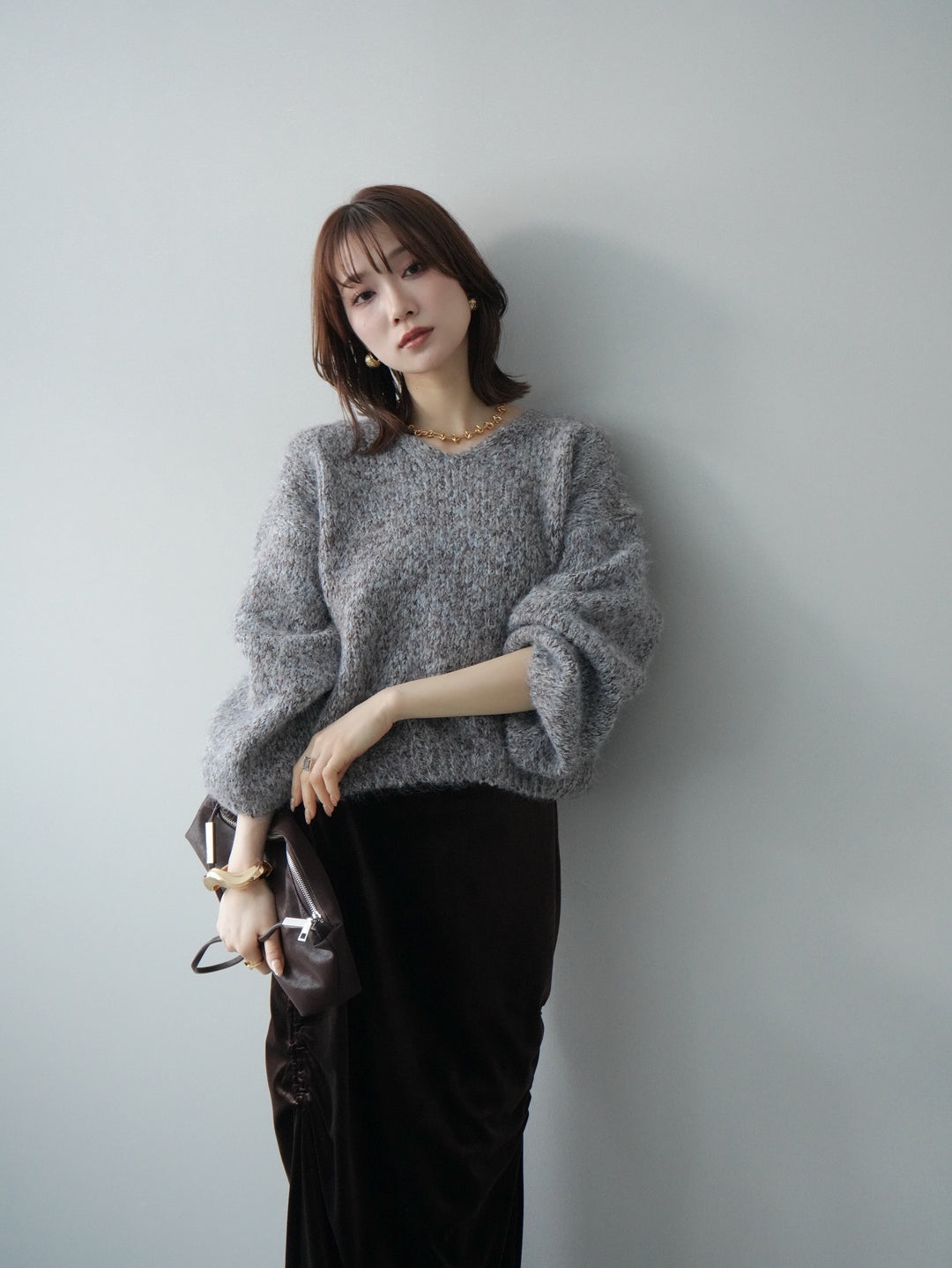 [予約]Vネックミックスヤーンニットプルオーバー/blue