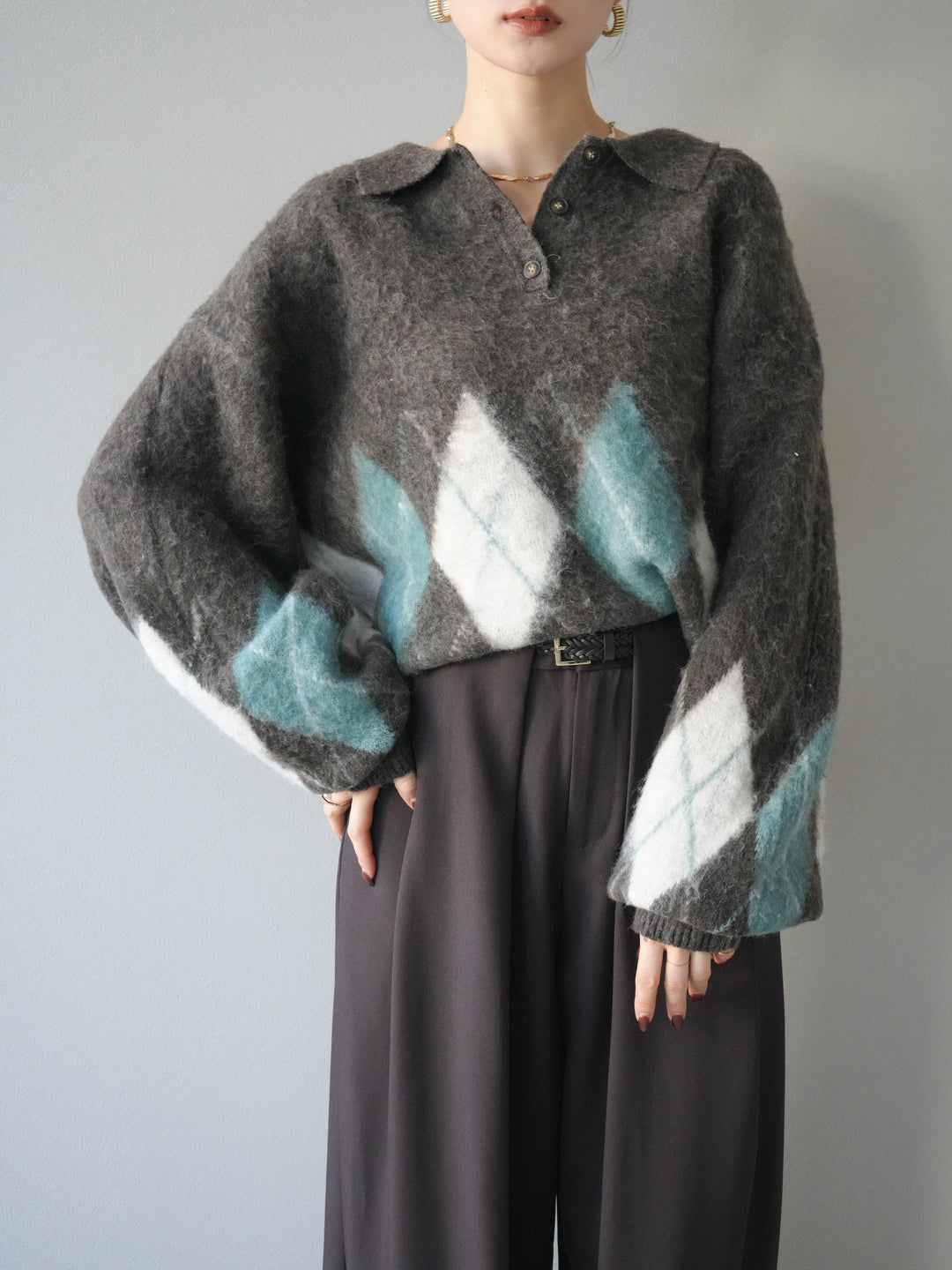 [予約]アーガイル柄ルーズポロニットプルオーバー/brown