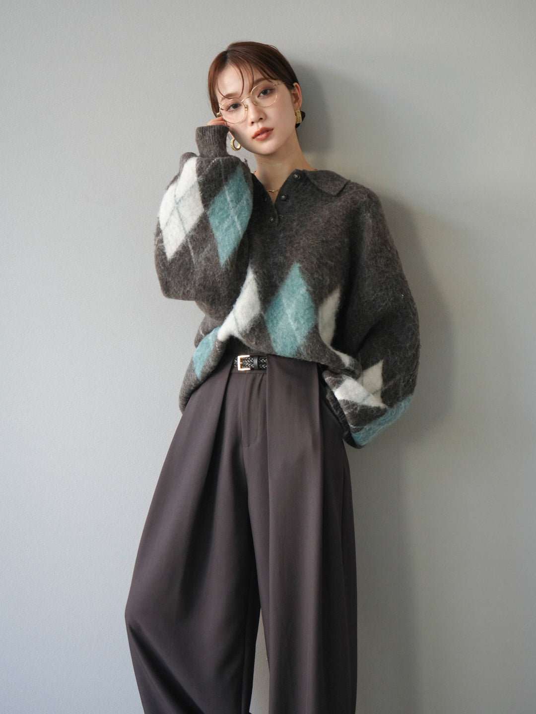 [予約]アーガイル柄ルーズポロニットプルオーバー/brown