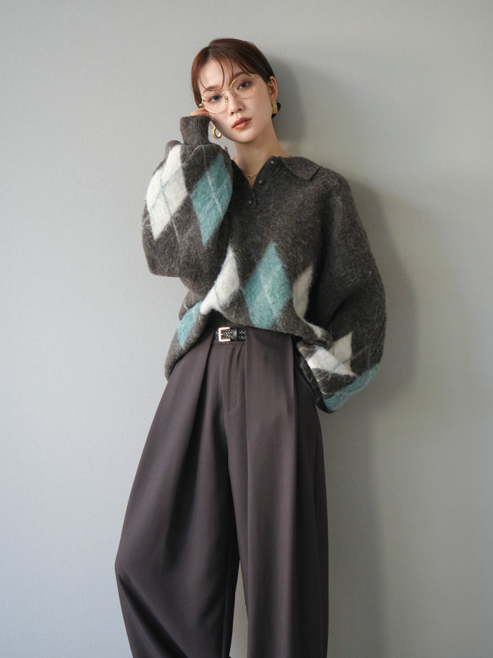 [予約]アーガイル柄ルーズポロニットプルオーバー/brown