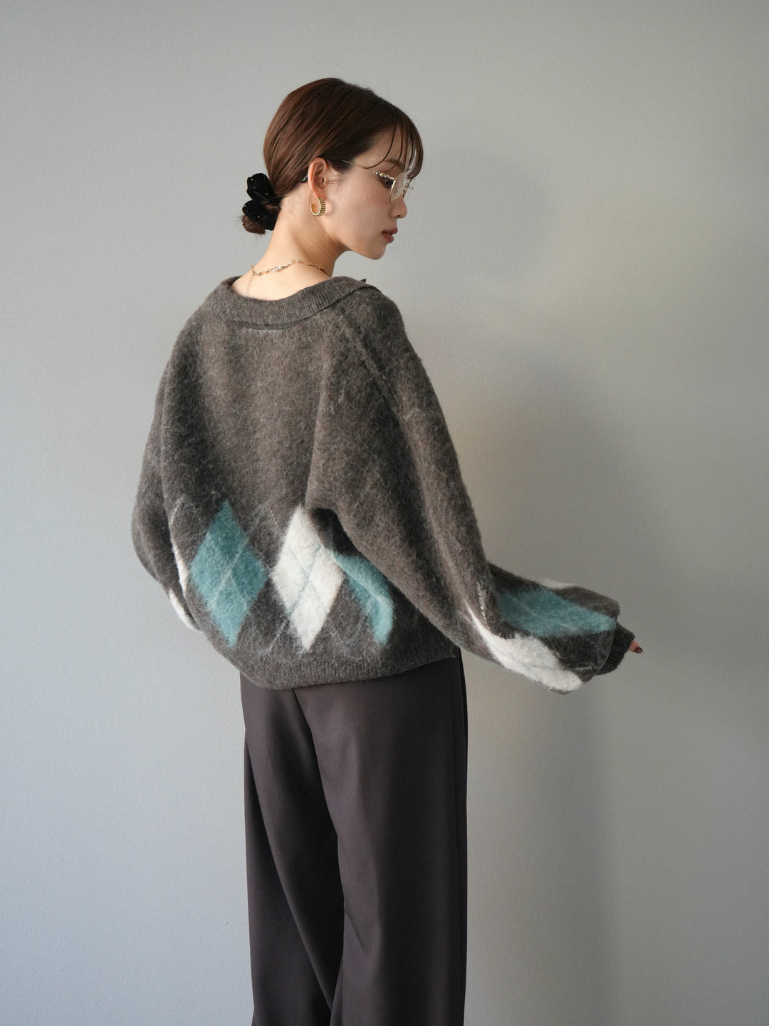 [SET]アーガイル柄ルーズポロニットプルオーバー+ベルトループデザインワイドパンツ(2set)