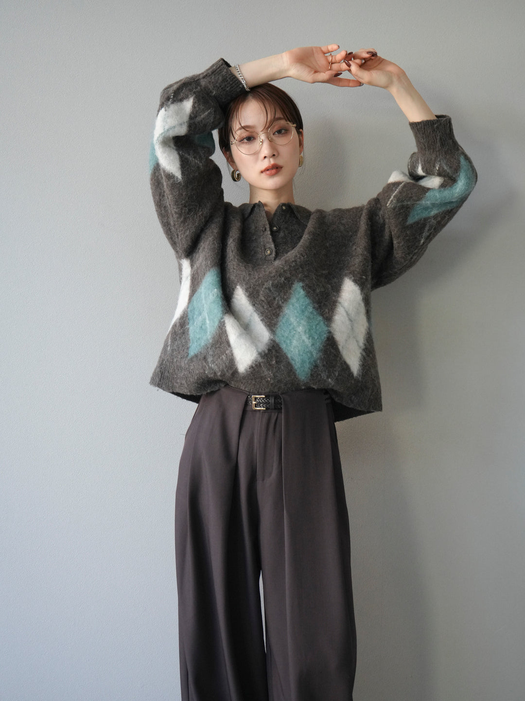 [予約]アーガイル柄ルーズポロニットプルオーバー/brown