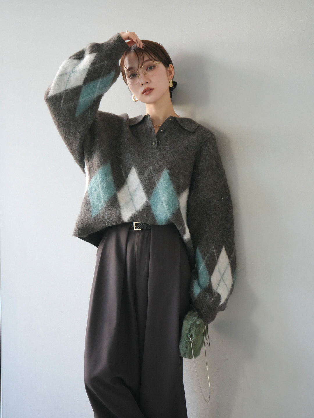 [SET]アーガイル柄ルーズポロニットプルオーバー+ベルトループデザインワイドパンツ(2set)