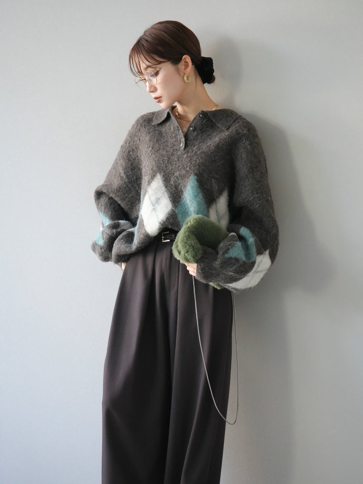 [SET]アーガイル柄ルーズポロニットプルオーバー+ベルトループデザインワイドパンツ(2set)