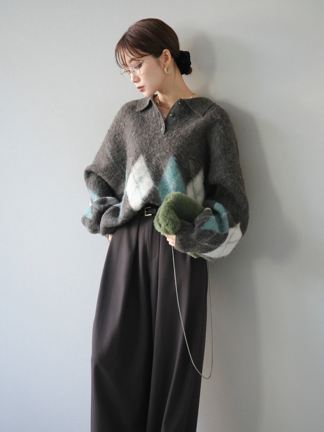 [予約]アーガイル柄ルーズポロニットプルオーバー/brown