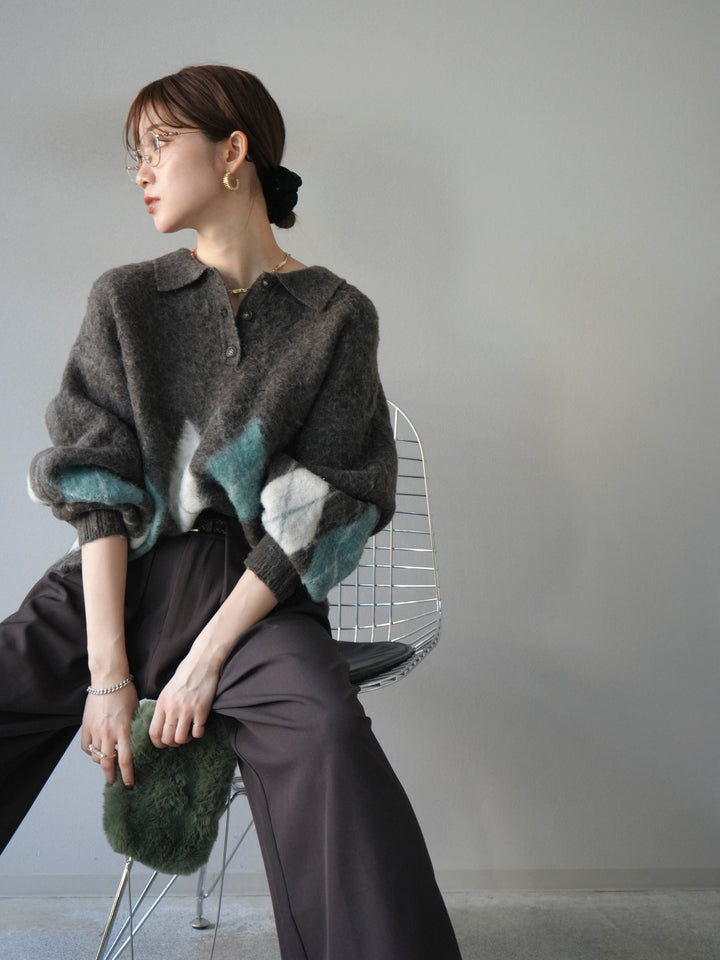 [予約]アーガイル柄ルーズポロニットプルオーバー/brown