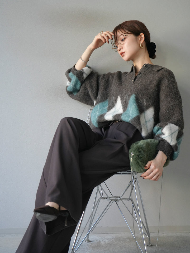 [予約]アーガイル柄ルーズポロニットプルオーバー/brown