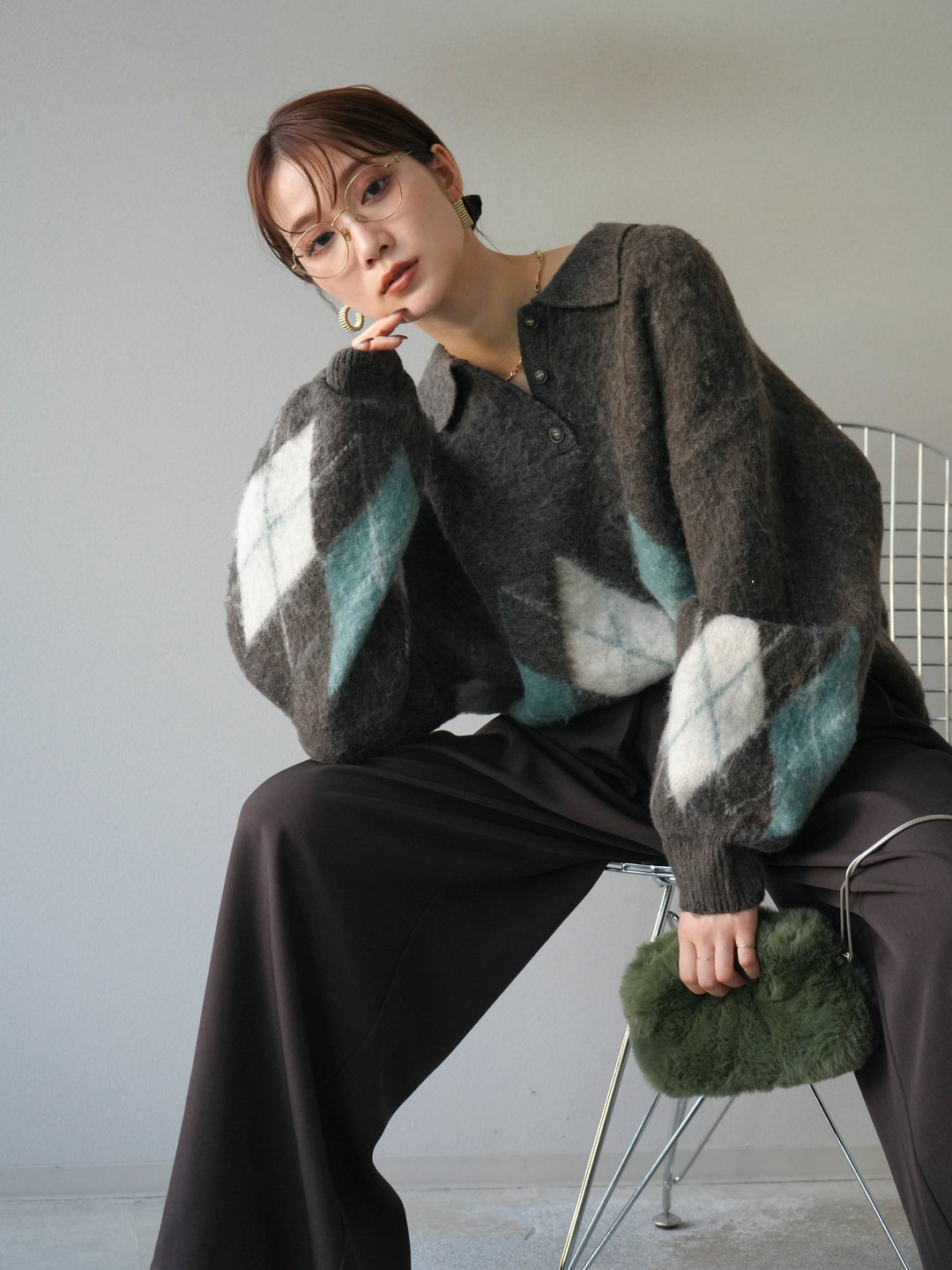 [予約]アーガイル柄ルーズポロニットプルオーバー/brown