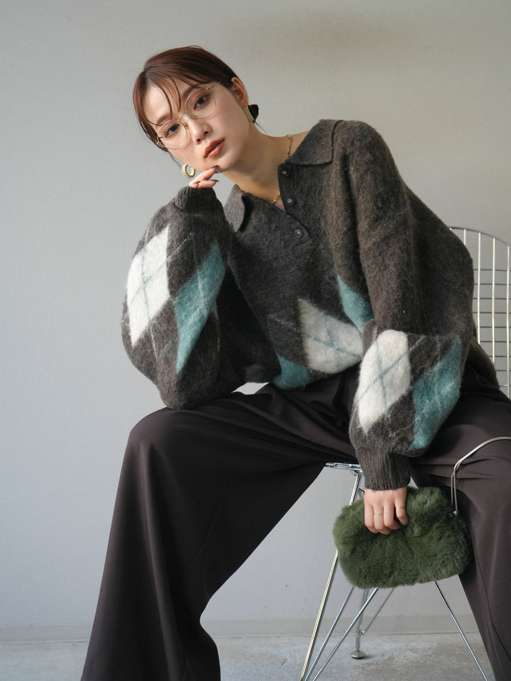 [予約]アーガイル柄ルーズポロニットプルオーバー/brown