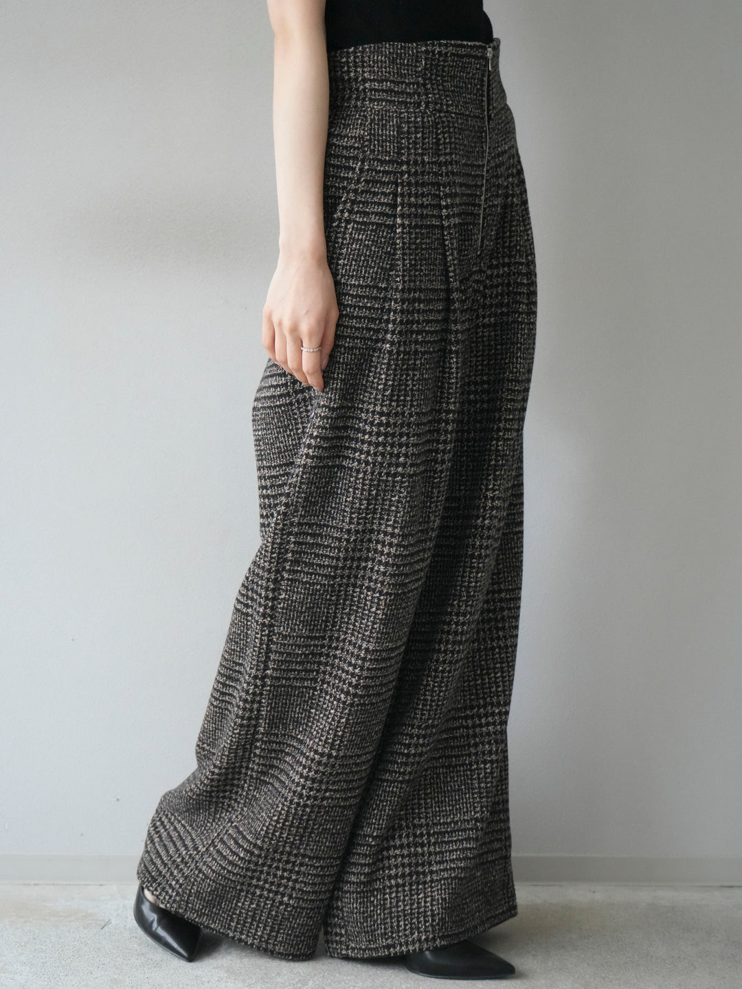 [予約]フロントジップミックスツイードワイドパンツ/brown