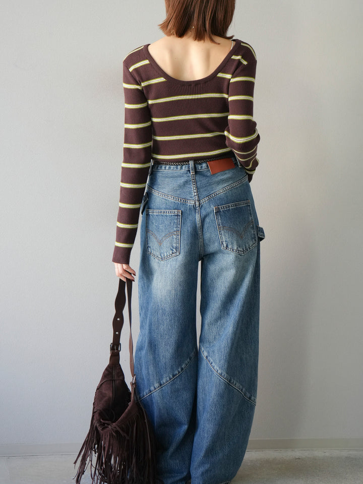 【SET】後開條紋毛圈羅紋上衣+畫家曲線牛仔褲（2件組）