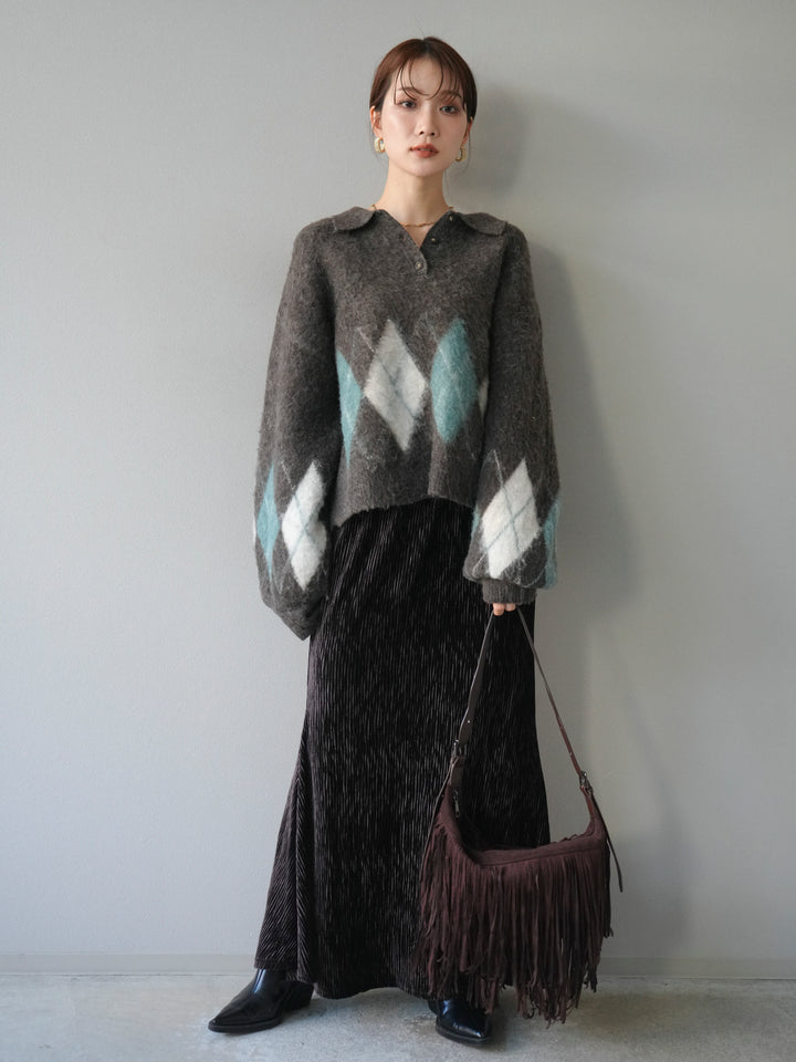 [予約]アーガイル柄ルーズポロニットプルオーバー/brown