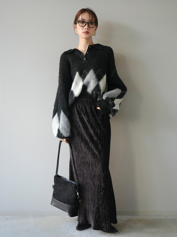 [予約]アーガイル柄ルーズポロニットプルオーバー/black