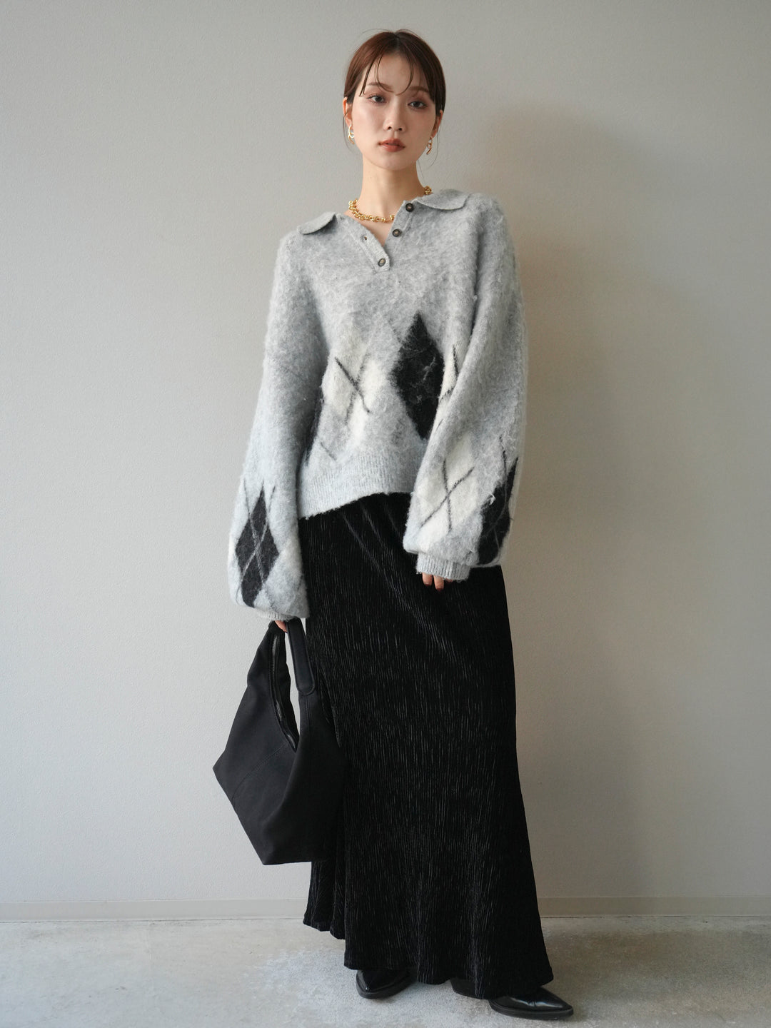 [予約]アーガイル柄ルーズポロニットプルオーバー/gray