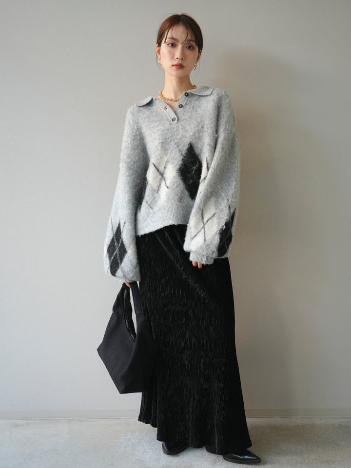 [予約]アーガイル柄ルーズポロニットプルオーバー/gray