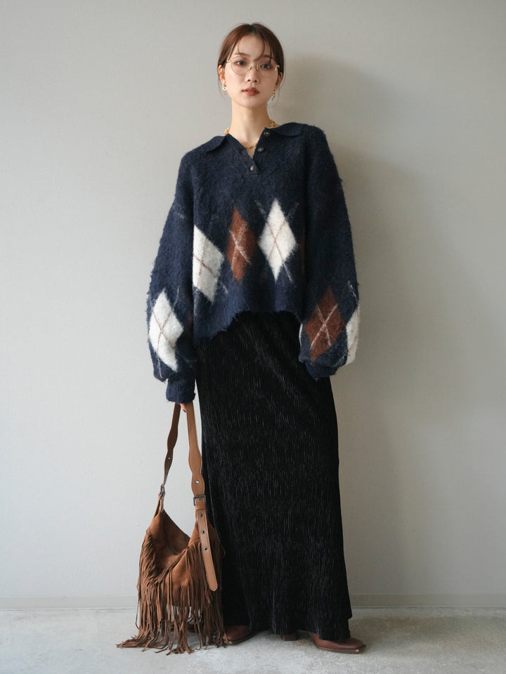[予約]アーガイル柄ルーズポロニットプルオーバー/navy