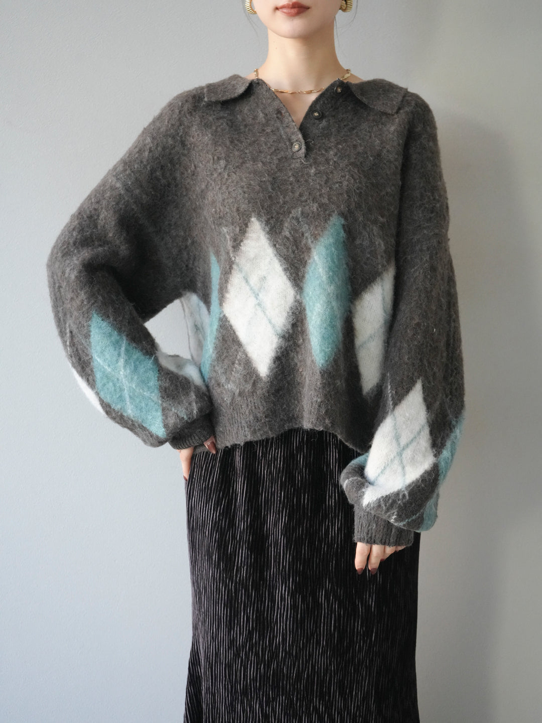 [予約]アーガイル柄ルーズポロニットプルオーバー/brown