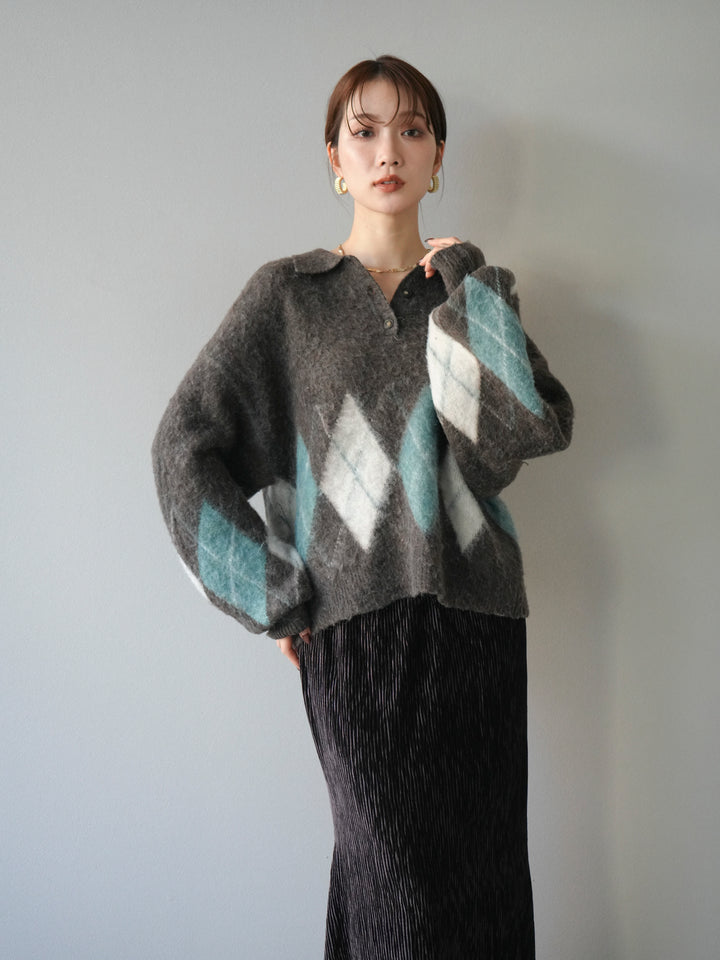 [予約]アーガイル柄ルーズポロニットプルオーバー/brown