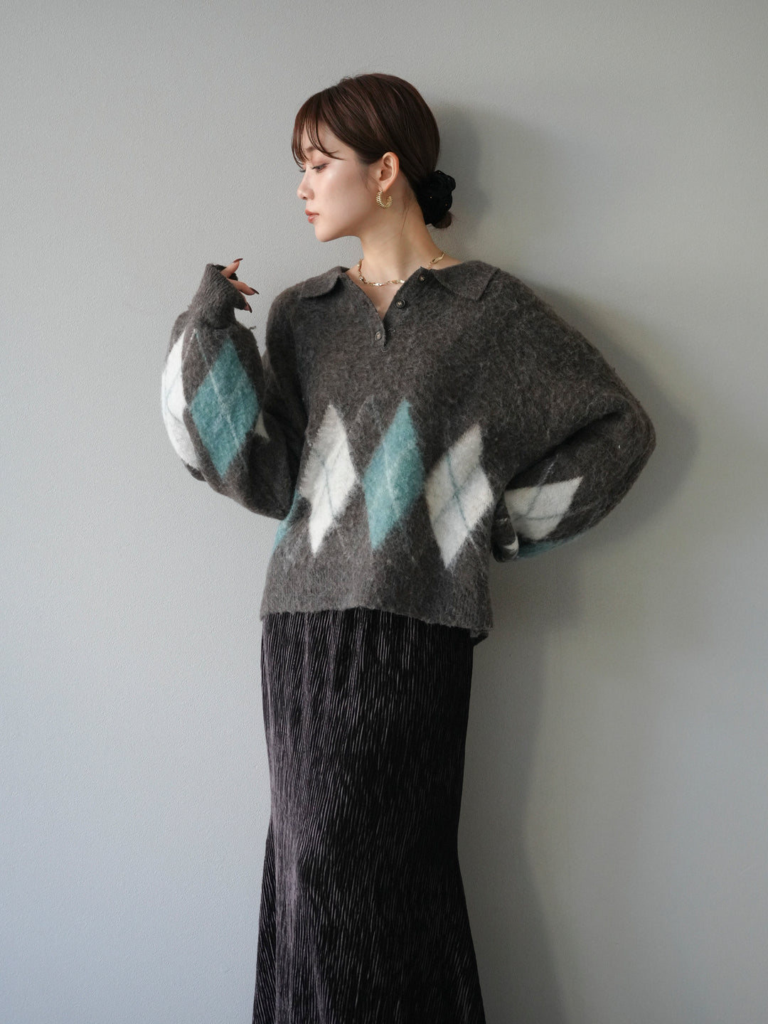 [予約]アーガイル柄ルーズポロニットプルオーバー/brown