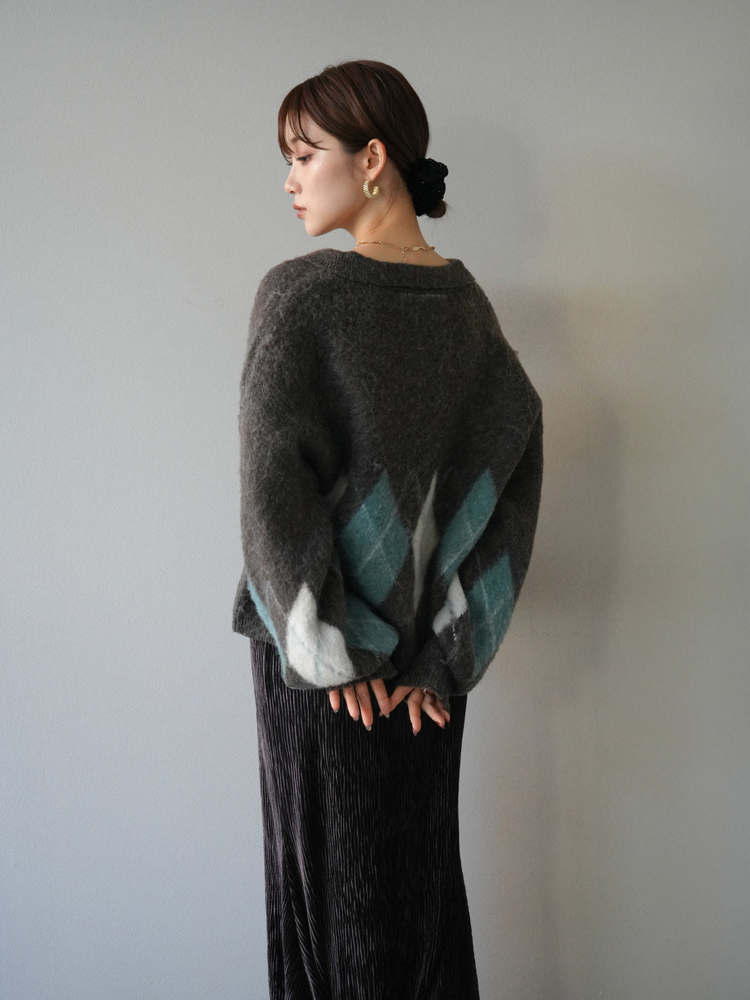 [予約]アーガイル柄ルーズポロニットプルオーバー/brown