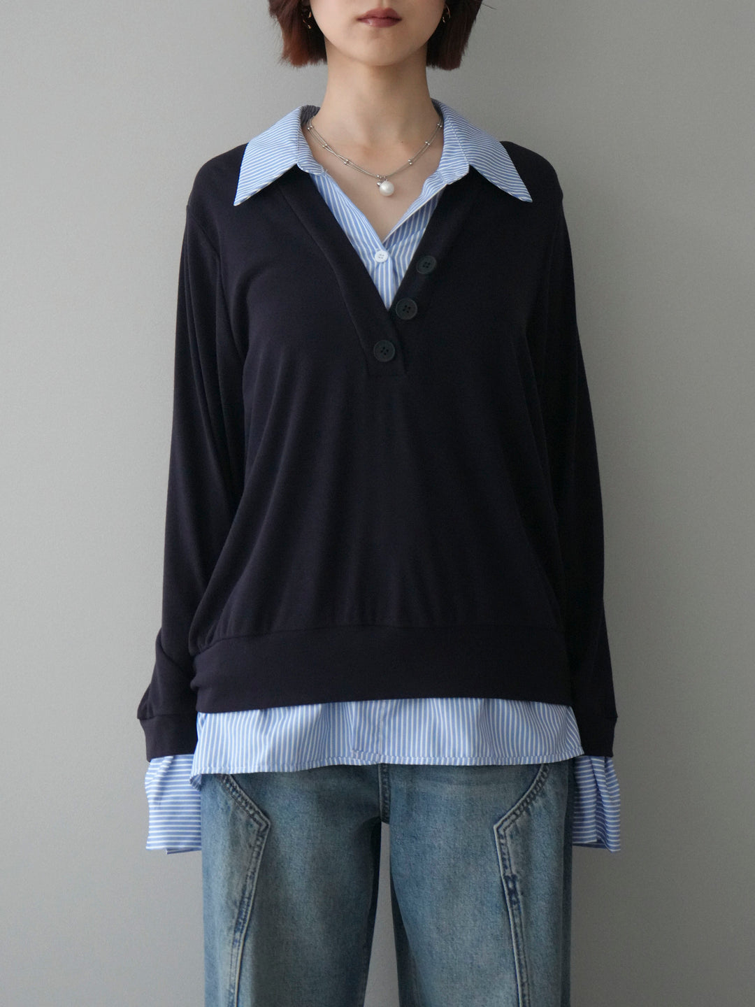 [予約]シャツレイヤードデザインカットプルオーバー/navy