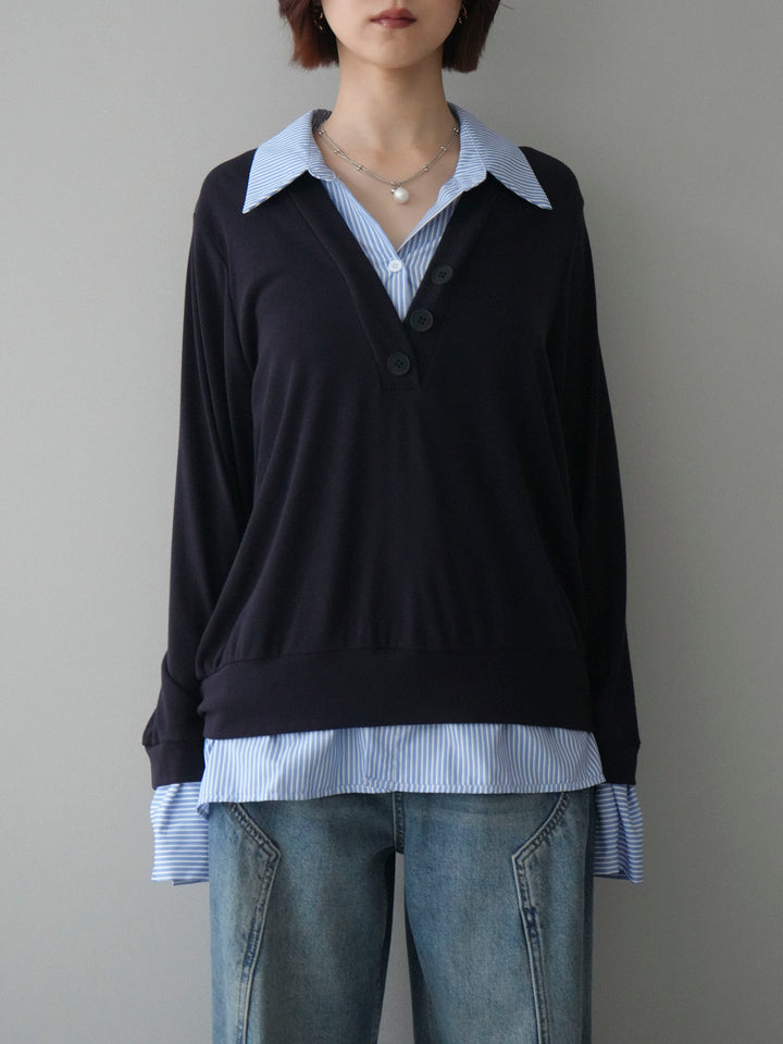 [予約]シャツレイヤードデザインカットプルオーバー/navy
