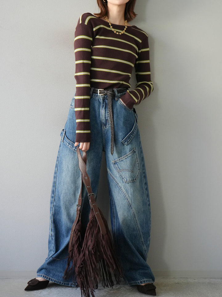【SET】後開條紋毛圈羅紋上衣+畫家曲線牛仔褲（2件組）