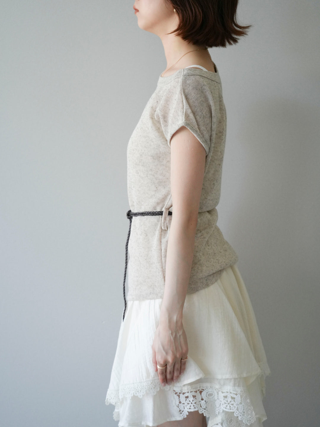 [予約]ベルト付アシメシアーニットトップス/beige