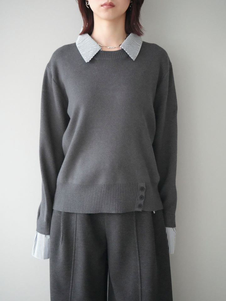 [予約]シャツドッキングデザイン裾ボタンニットプルオーバー/gray