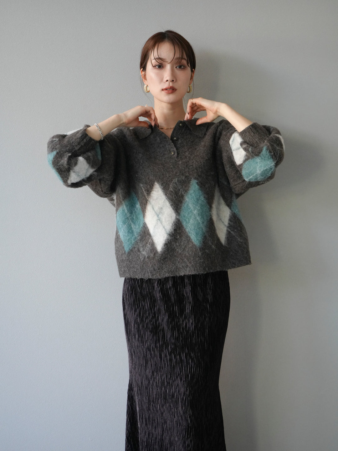 [予約]アーガイル柄ルーズポロニットプルオーバー/brown