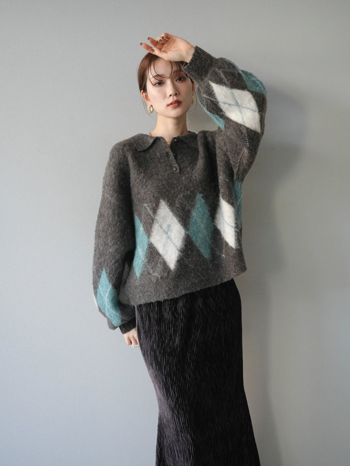 [予約]アーガイル柄ルーズポロニットプルオーバー/brown