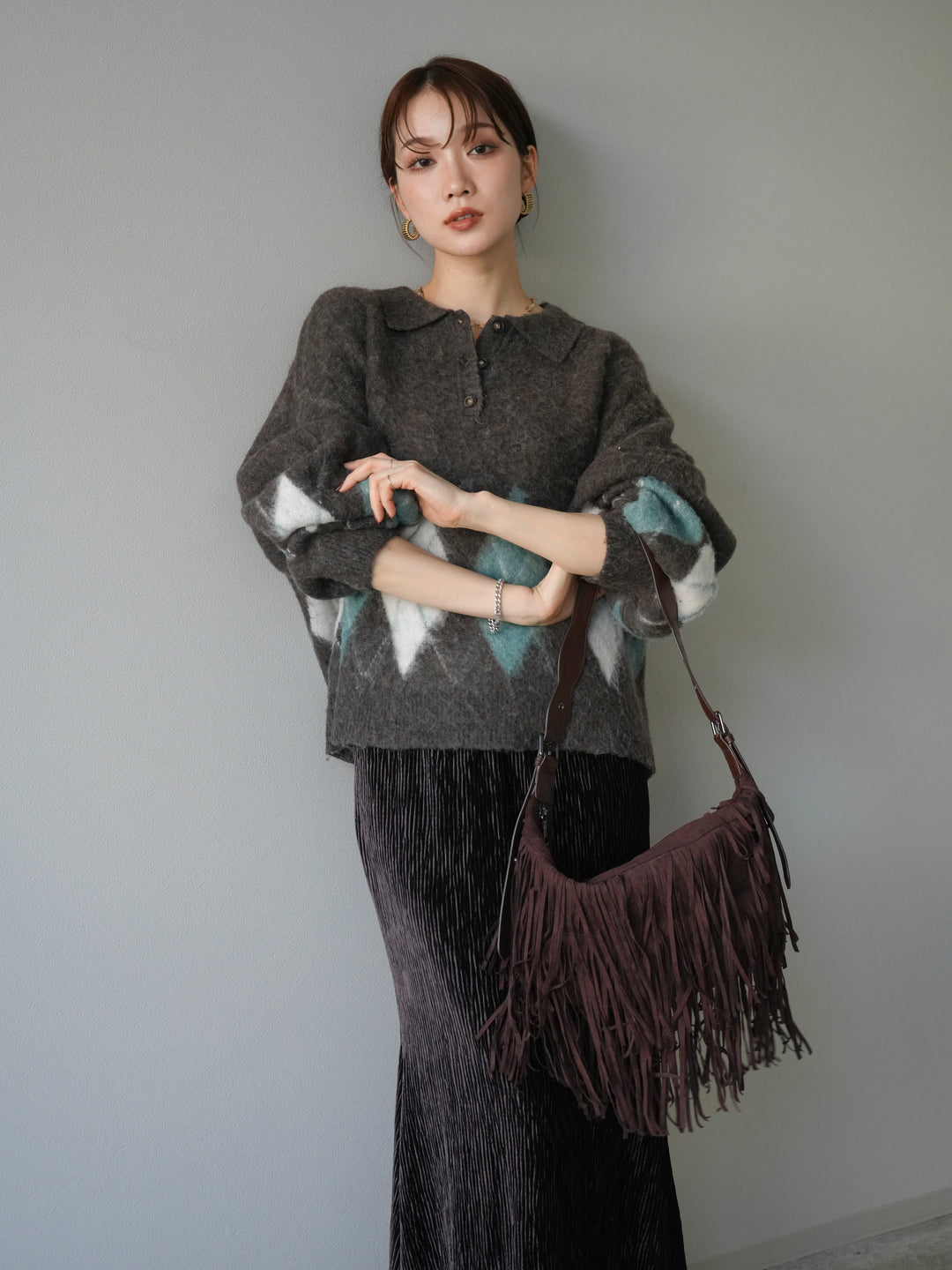 [予約]アーガイル柄ルーズポロニットプルオーバー/brown