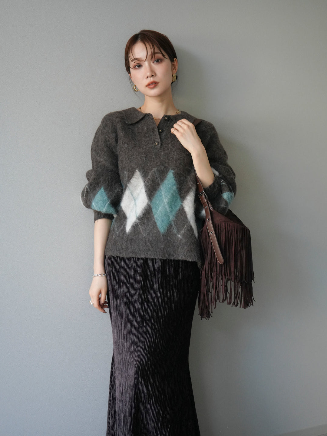 [予約]アーガイル柄ルーズポロニットプルオーバー/brown