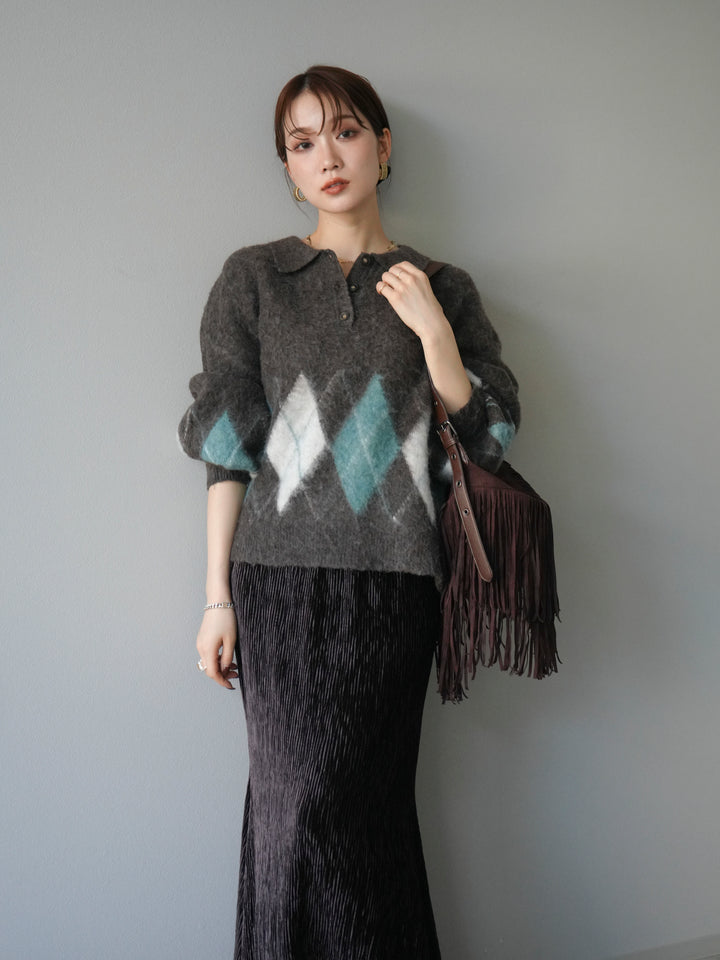 [予約]アーガイル柄ルーズポロニットプルオーバー/brown