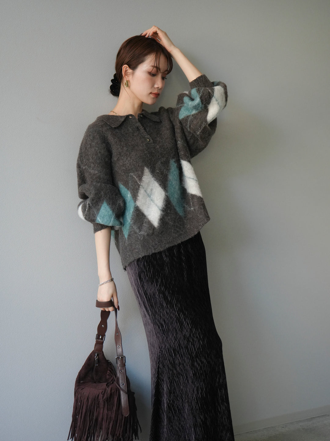 [予約]アーガイル柄ルーズポロニットプルオーバー/brown