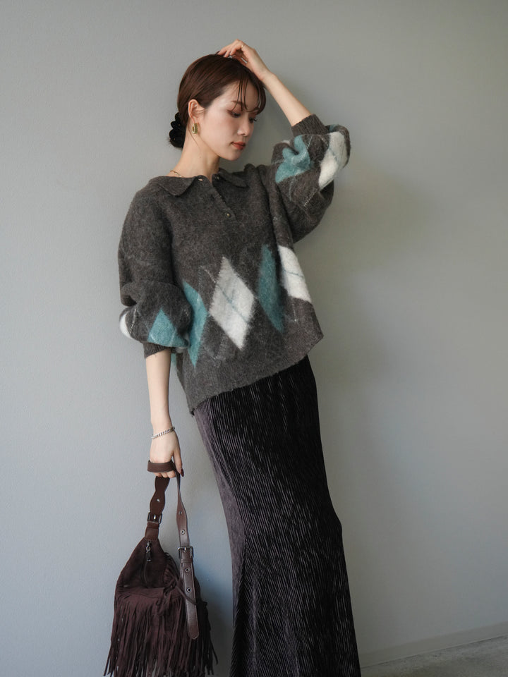[予約]アーガイル柄ルーズポロニットプルオーバー/brown