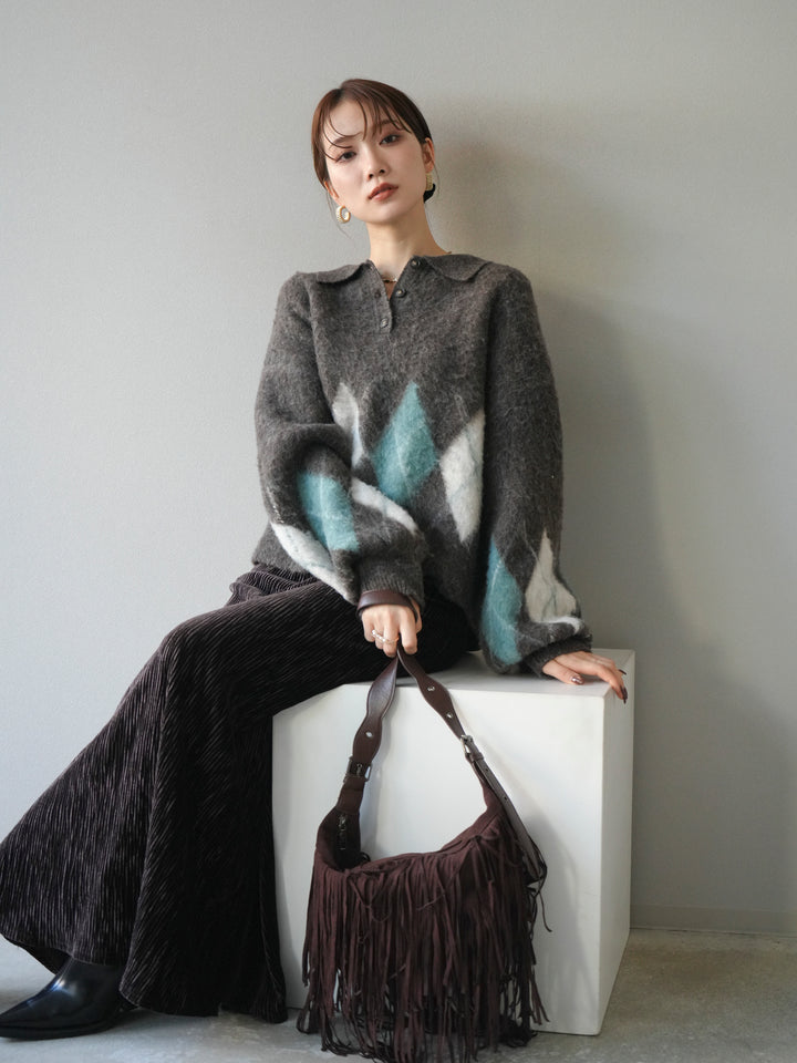 [予約]アーガイル柄ルーズポロニットプルオーバー/brown