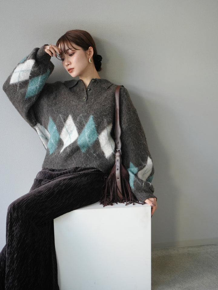 [予約]アーガイル柄ルーズポロニットプルオーバー/brown