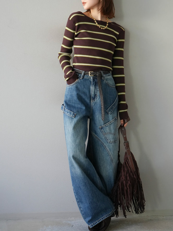 【SET】後開條紋毛圈羅紋上衣+畫家曲線牛仔褲（2件組）