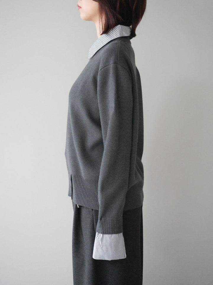 [予約]シャツドッキングデザイン裾ボタンニットプルオーバー/gray