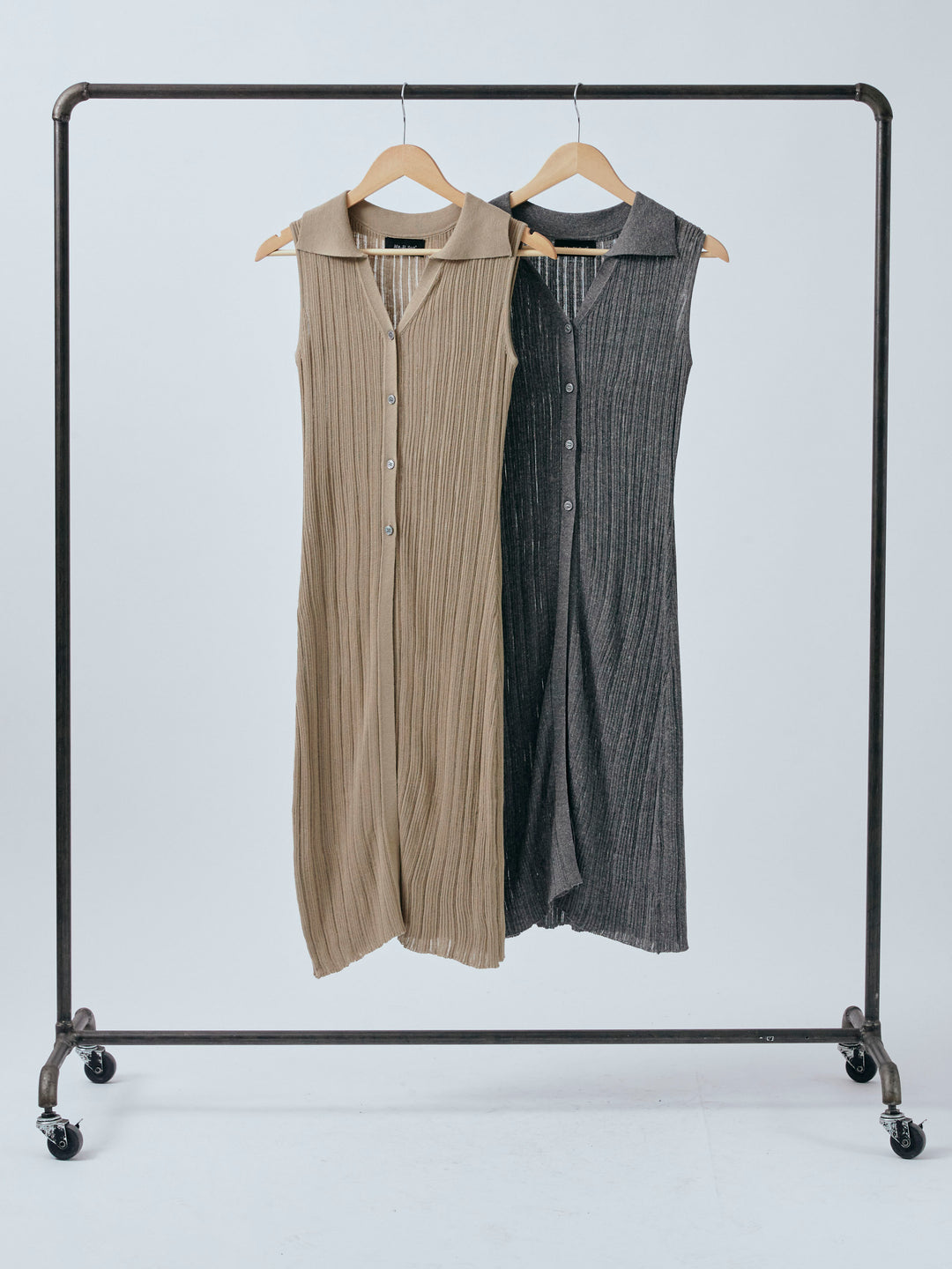 【Allure】[SET]襟付きランダムリブロングニットカーディガン+シャイニースラブシアーワイドパンツ(2set)