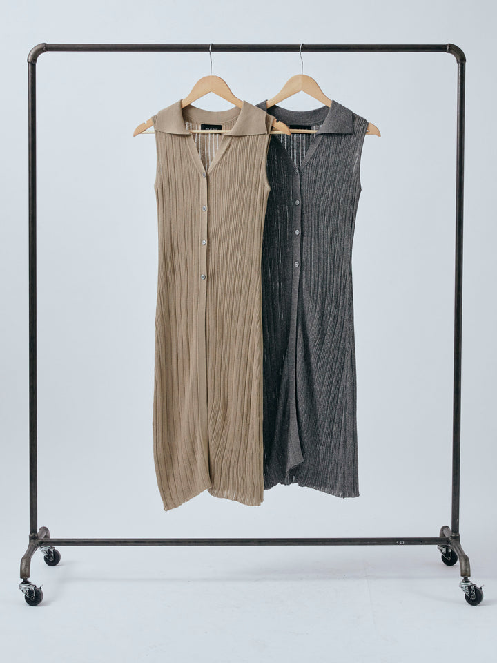 【Allure】[SET]襟付きランダムリブロングニットカーディガン+シャイニースラブシアーワイドパンツ(2set)