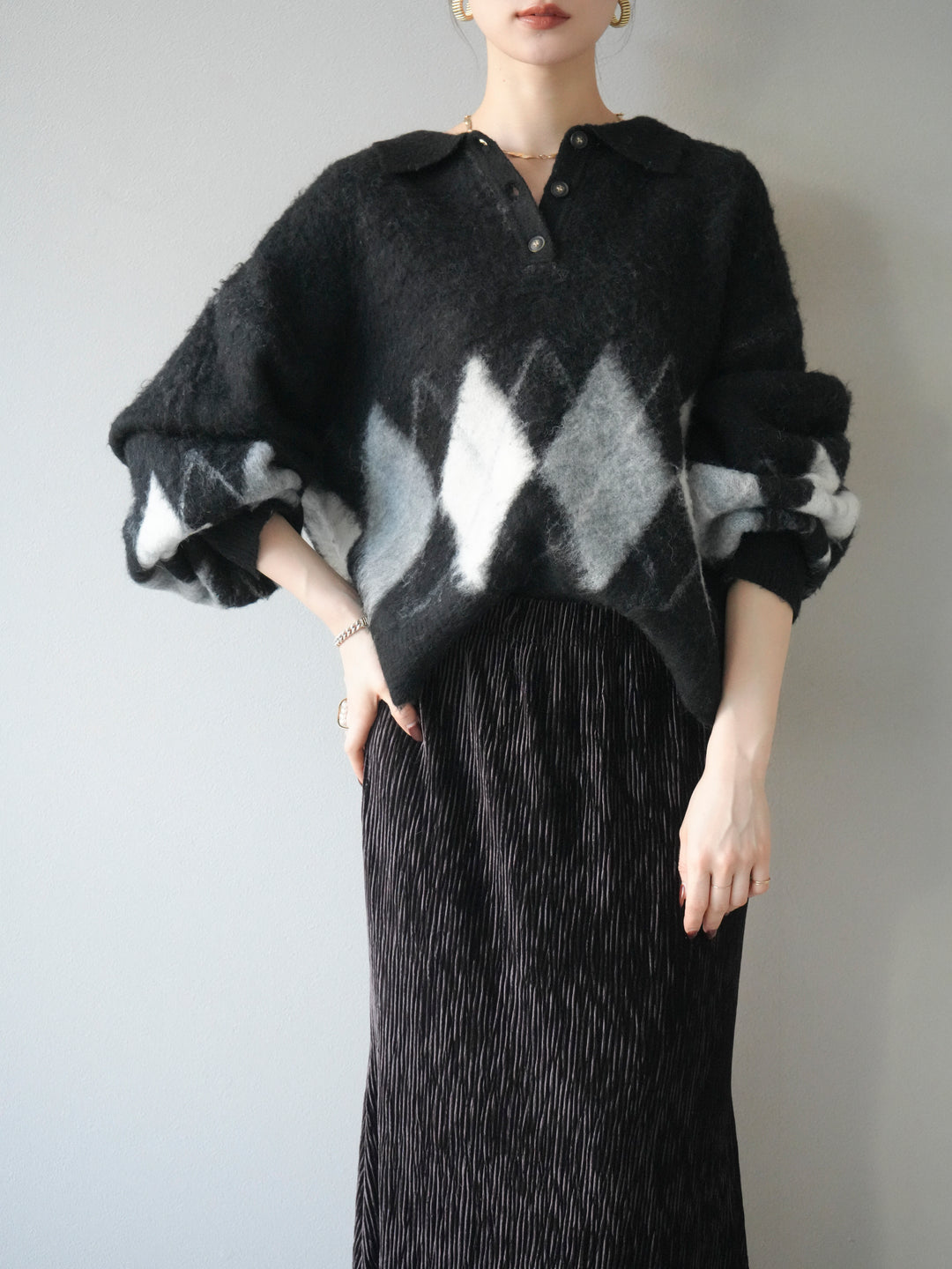 [予約]アーガイル柄ルーズポロニットプルオーバー/black