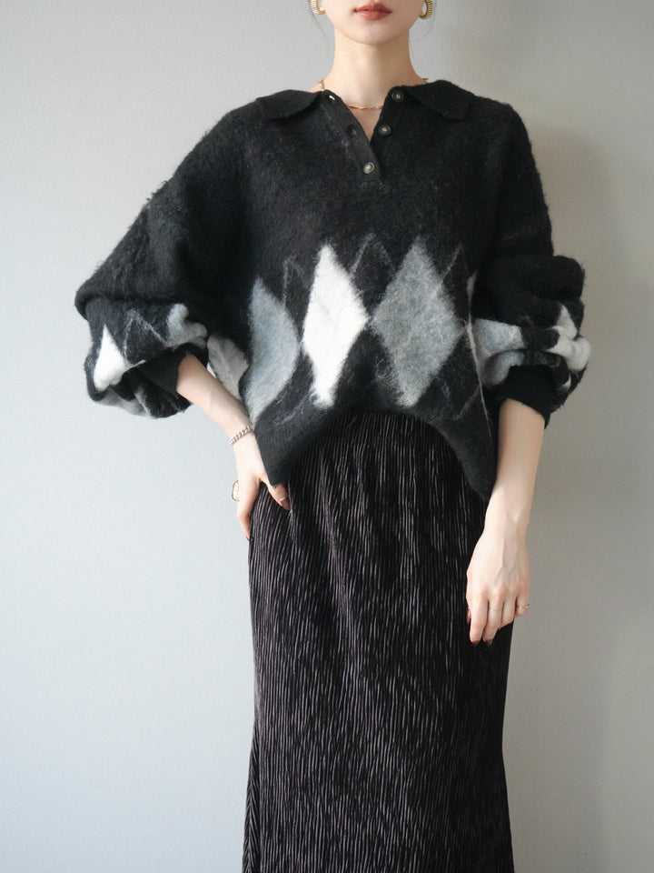 [予約]アーガイル柄ルーズポロニットプルオーバー/black