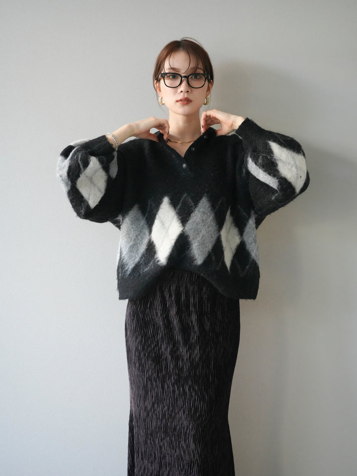 [予約]アーガイル柄ルーズポロニットプルオーバー/black