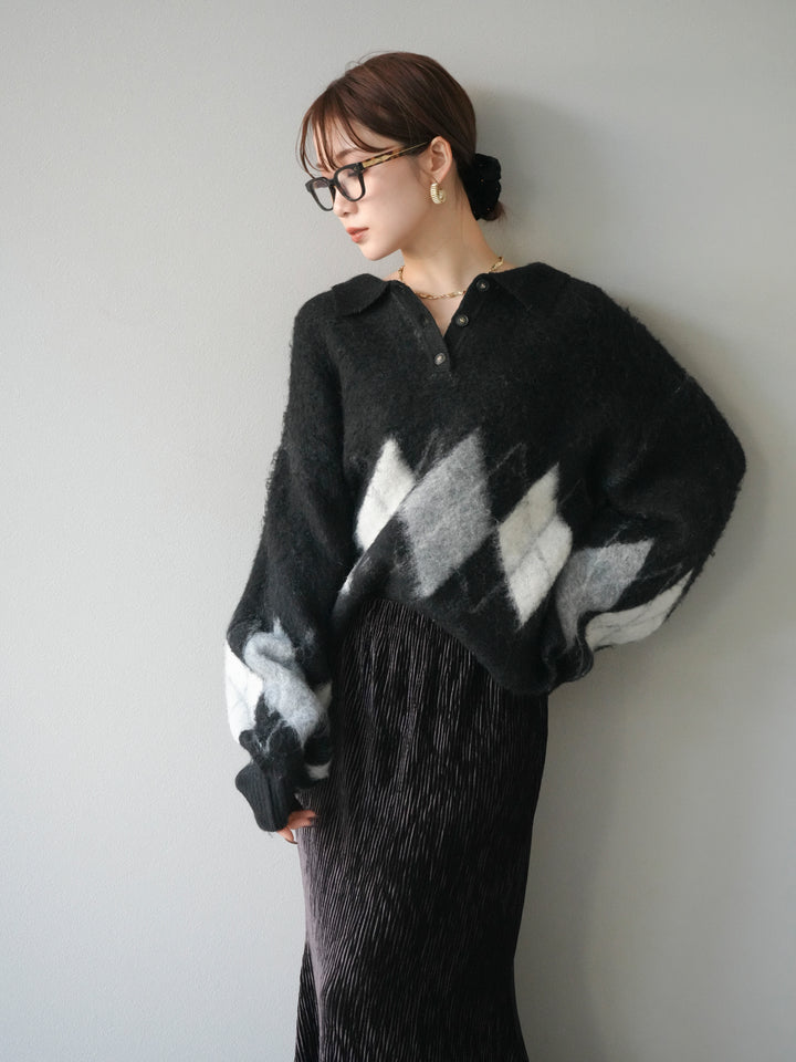 [予約]アーガイル柄ルーズポロニットプルオーバー/black